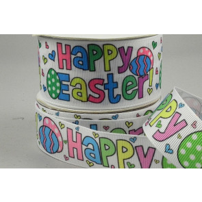 55118 - 25mm and 38mm White grosgrain ribbon with a Multi Coloured Happy Easter printed design message x 10mts