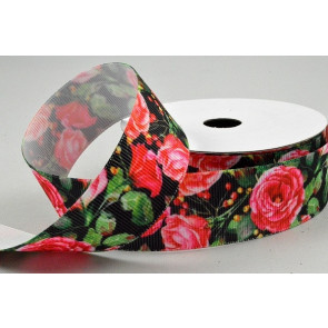55120 - 25mm Black ribbed ribbon with a colourful floral printed design x 10mts