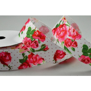 55121 - 25mm White ribbed ribbon with a colourful floral printed design x 10mts