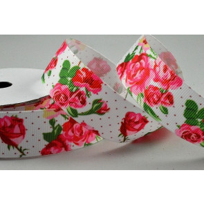 55121 - 25mm White ribbed ribbon with a colourful floral printed design x 10mts