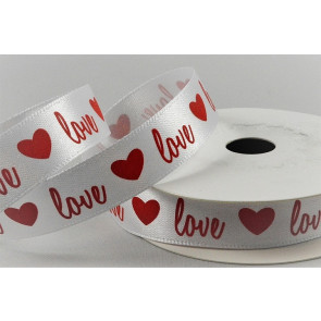 55128 - 15mm White satin with a Red printed LOVE and Heart design x 10mts.