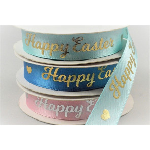 55129 - 15mm satin ribbon with a printed Happy Easter message and a Heart design x 10mts. 