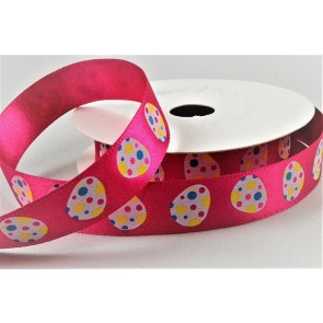 55131 - 15mm satin ribbon with a colourful printed Easter Egg design x 10mts.  