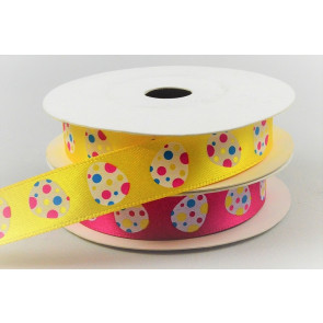 55131 - 15mm satin ribbon with a colourful printed Easter Egg design x 10mts.  
