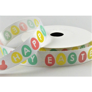 55132 - 15mm White satin ribbon with a colourful EASTER egg printed design x 10mts