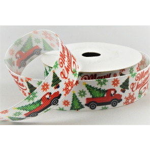 55133 - 22mm White grosgrain ribbon with a colourful Merry Christmas printed message and car design x 10mts 