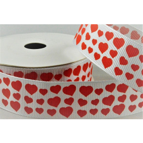 55135 - 22mm White grosgrain ribbon printed with a Red Love Hearts Valentines design x 10mts. 