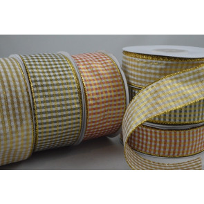 55140 - 25mm and 38mm Gingham Check with a bright lurex gold stripe woven edge ribbon.   20 metres per reel