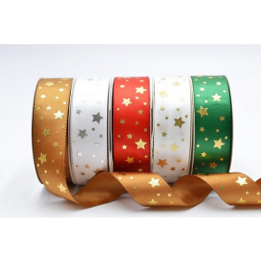 55145  - 15mm / 25mm  Double face satin ribbon with a bright printed star design on one side x 20 metres