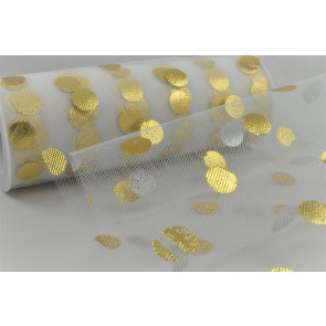 88016 - 150mm Large Bright Gold printed Dots on a White Nylon Tulle Fabric (10 Metres)