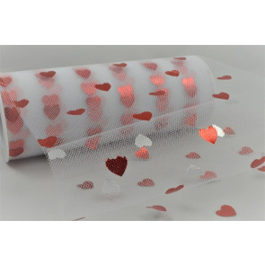 88016 - 150mm White Tulle fabric printed with bright Red hearts (10 Metres)