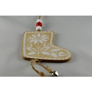 88026 - Wooden Multi Coloured Santa Boot with Loop (1 Piece)-9cm x 7.5cm-54 Beige & White-1 Piece