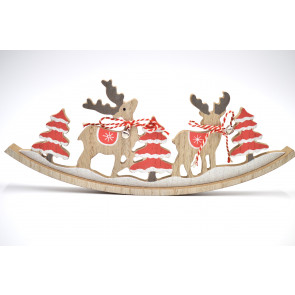 88178 -  Wooden freestanding Christmas and Winter Decoration Ornaments - Reindeers and Snowy Trees with Jingle Bells