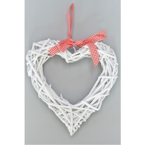 88193 -  Scandi style White willow hanging heart decoration with a red gingham ribbon bow