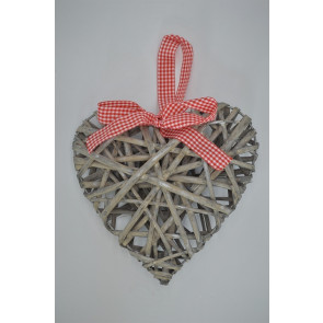 88194 -  Scandi style willow hanging heart decoration with a red gingham ribbon bow - Natural