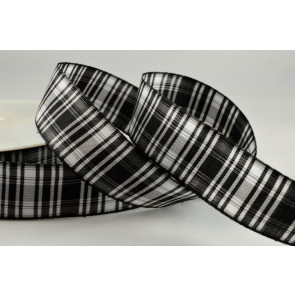 Y734 - 16mm Tartan Ribbon-16mm-423 Black & White-100 Metres