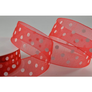 55001 - 25mm Red Organza Spotted Dot Ribbon (20 Metres)