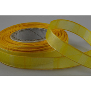 Y455- 15mm Bright Yellow patterned print ribbon with lovely woven edge x 25 Metre Rolls!
